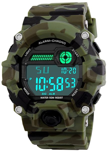 BHGWR Kinder und Jugendliche Digital Quarz Uhr mit Silikon Armband Militär Sportuhr mit Alarm/Timer/stoßfest Großes Gesicht C