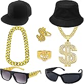 Riuziyi 90s Hip Hop 80s Rapper Costume Dollar Sign Fake Gold Chain Ring 2000s Glasses Hat Rapper Outfit Accessories for Men