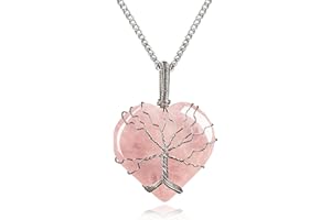KARMAPLEDGE Heart Necklace for Women, Rose Quartz Crystal Pendant Birthstone Necklaces for Chakra Healing Good Luck Meditation, Tree of Life Crystal Handmade Jewelry Birthday Gifts for Women and Men