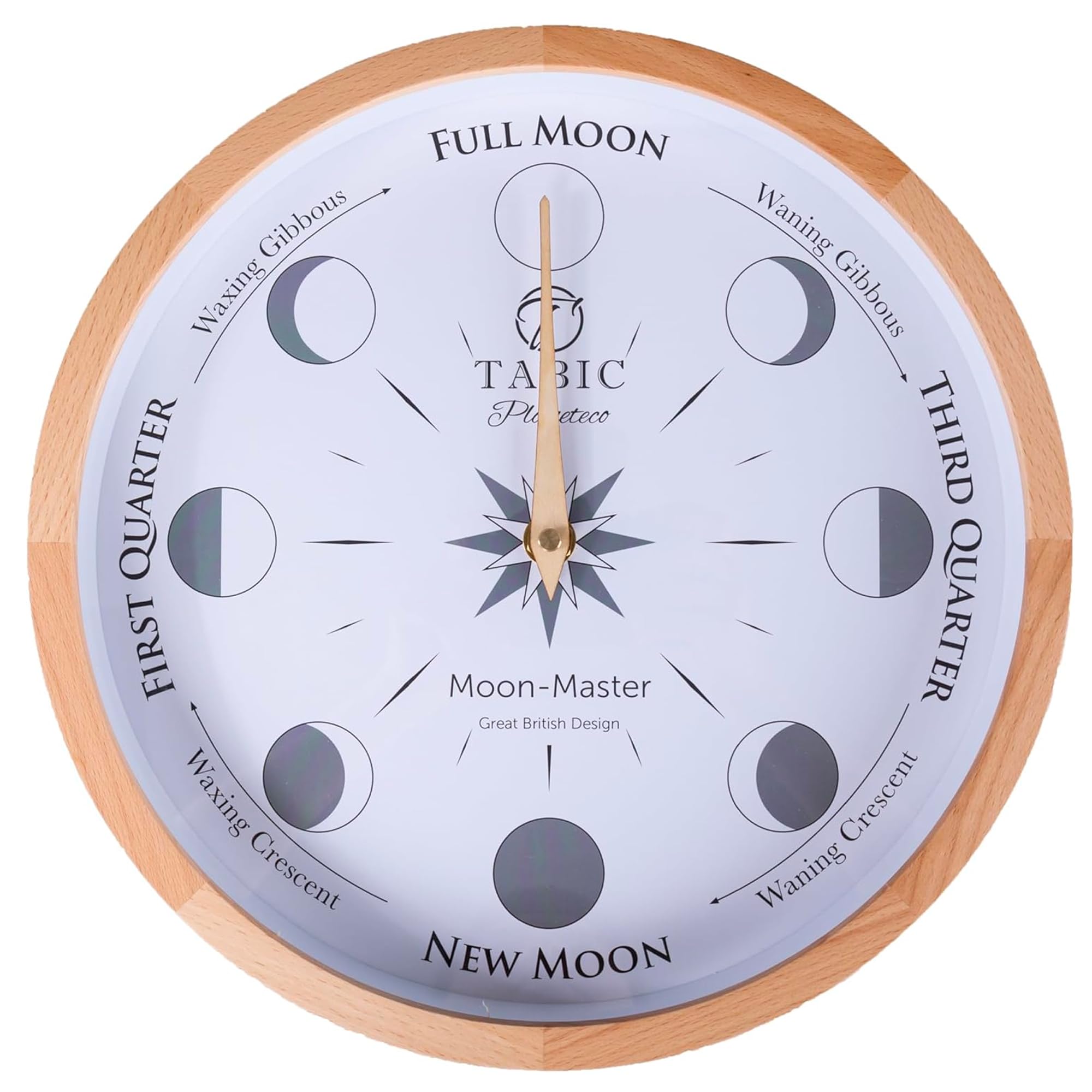 Tabic Moon Phase Master Wall Clock - Round, Wood, Traditional with a Touch of Modern, Natural Dye, Mechanical/Mechanical, Wall Mountable, Medium to Large