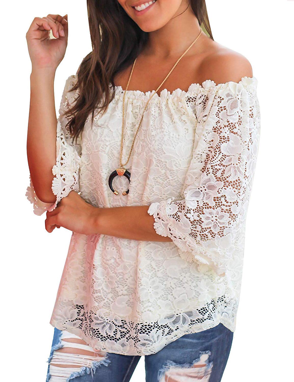 Saslax Women\'s Sexy Floral Mesh Lace Off Shoulder Loose Casual Blouse Shirts White Small