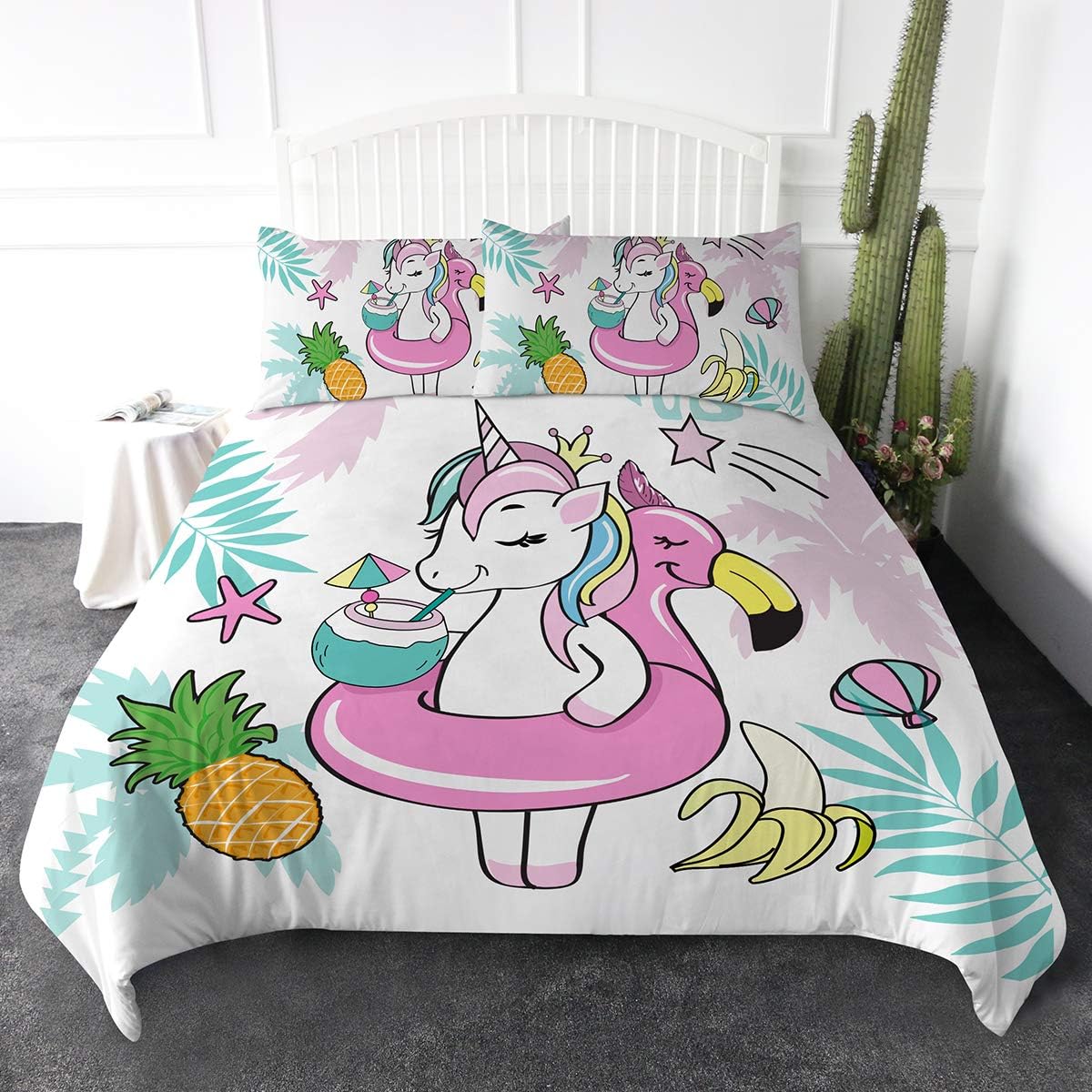 ARIGHTEX Unicorn Bedding Twin for Girls Cartoon 3D Duvet Cover Set Unicorn Swimming Ring Tropical Print 3 Pieces Kids Bedding Set for Teens Boys