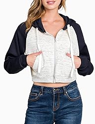 DOUBLJU Casual Crop Hoodie Long Sleeve Zip Up
