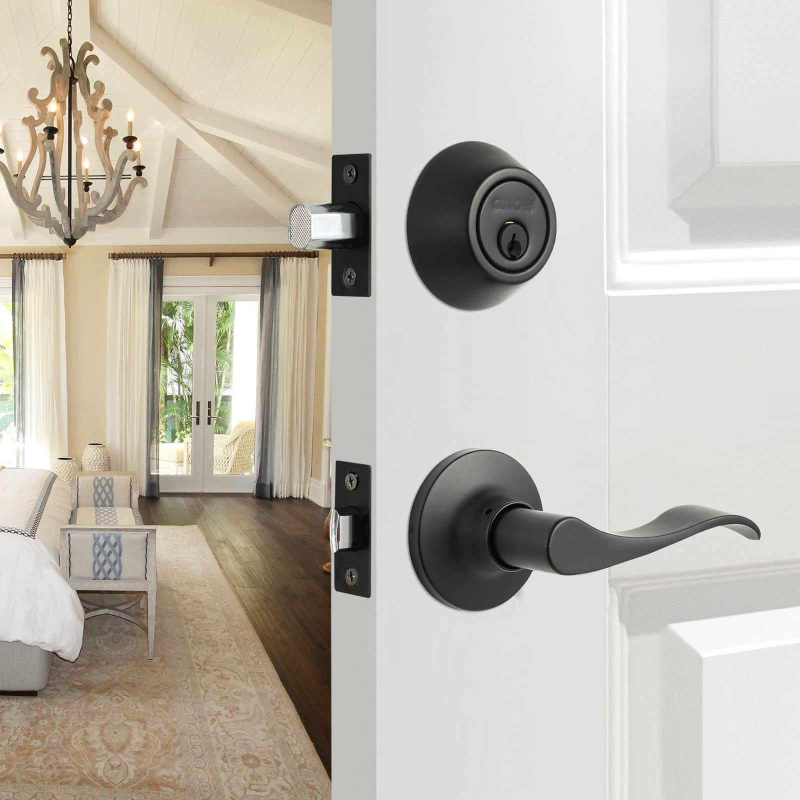 GUA OYH Front Door Lock Set Matte Black Entry Handle Sets with Single Cylinder Deadbolt and Wave-Like Lever, Heavy Duty Handleset Handles for or Office (MB_LocksetPS)