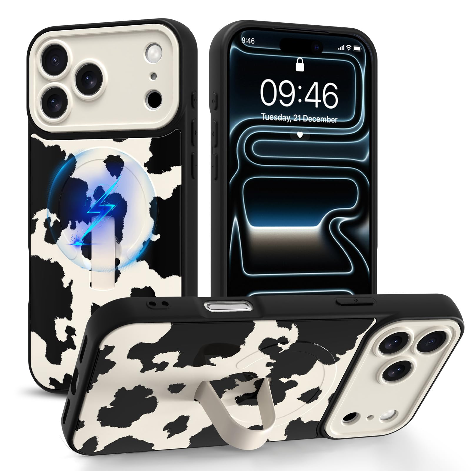 Jefonha Magnetic for iPhone 17 Pro Case with Finger Strap Stand, Compatible with Magsafe, Trendy Funny Milk Cow Phone Case for Women Men Slim Shockproof Cover for 17 Pro, Milk Cow