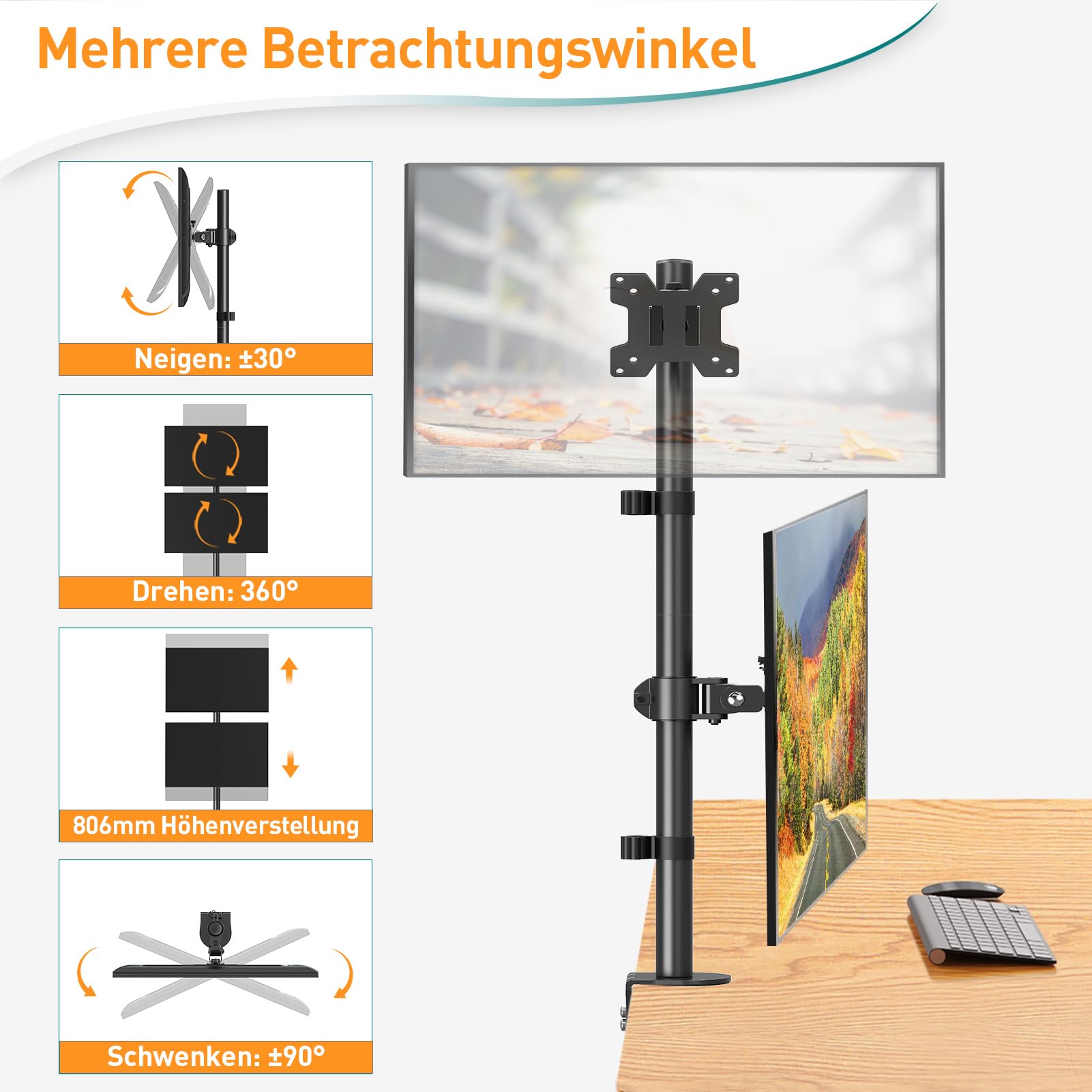 ELIVED Vertical Monitor Halterung 2 Monitore, 80cm Stange für 13-32 Zoll Monitore bis zu 8kg, Dualer Monitorständer Stack Bildschirmhalterung, Höhenverstellbar, Schwenkbar, Neigbar, EV4012 3