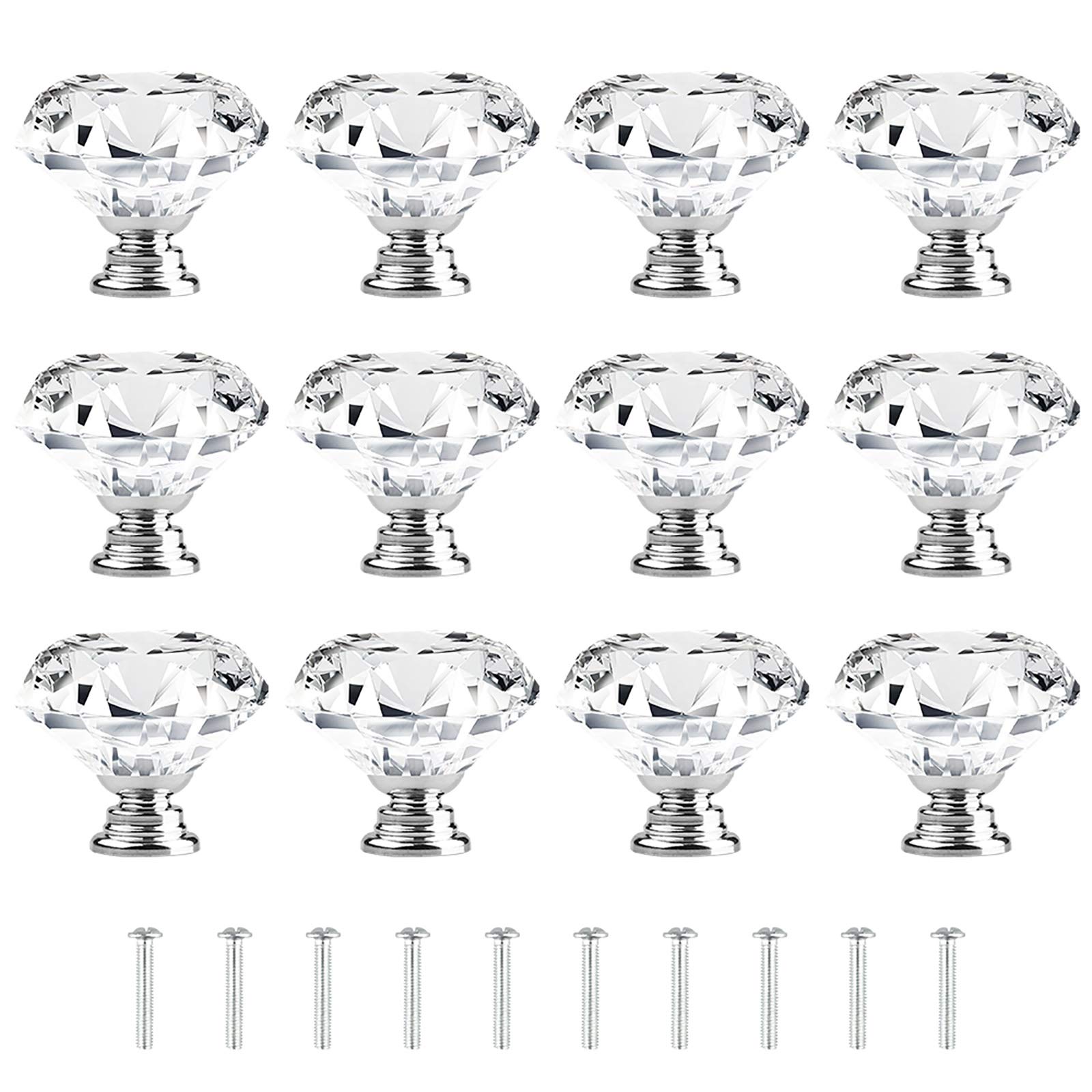 [12 Pack] Crystal Clear Glass Cabinet Drawer Pulls, Diamond Shape Cupboard Knobs with Screws for Kitchen, Dresser, Cupboard, Bathroom, Wardrobe (1.6 inch / 40mm)