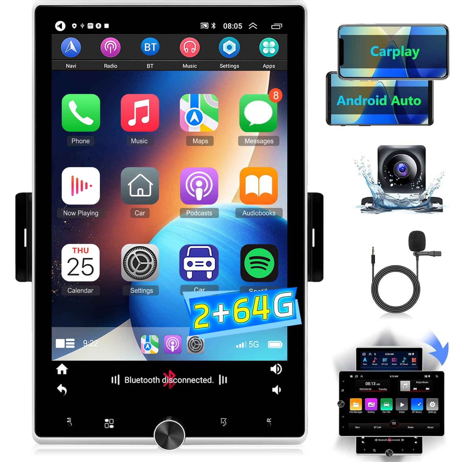 Photo 1 of [2+64G] Single Din Android Car Stereo with Wireless Carplay and Android Auto - 10.4 inch Vertical Rotatable Touchscreen Car Radio - EQ Audio/GPS Navi/WiFi/SWC/Mirror Link + AHD Backup Camera