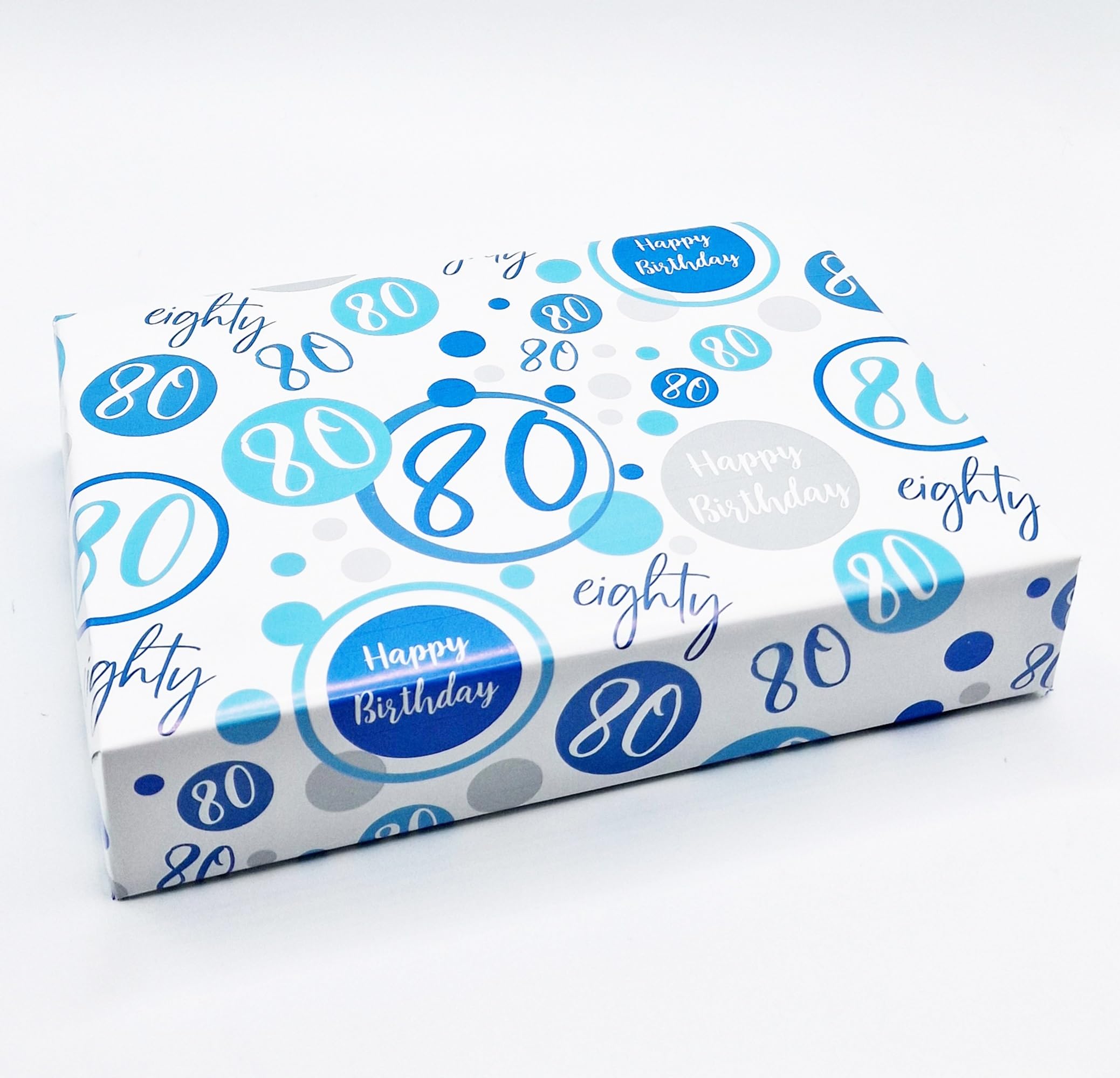 2 Sheets + 2 Matching Gift Tags 80th Birthday Man Wrapping Paper Age 80 Birthday Blue White Giftwrap Male (PA) — image 1