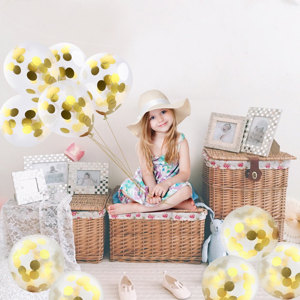 JER Gold Confetti Balloons, 16Pcs Party Decor Balloons Circle Confetti Filled with 12 inches Bonus Handmade Banner for Wedding Birthday Party Festival Decorations(16 Pcs Balloons + Pennant Garland)