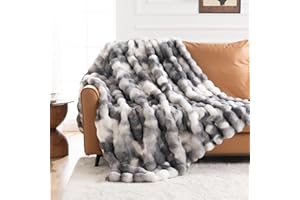 IKALIFE Cozy Faux Fur Throw Blanket for Couch-Warm Fuzzy Throw Blanket, Soft Plush Thick Bubble Blankets for Bedroom and Living Room, Furry Luxury Blanket, 50 x 60,Tie-Dye Grey