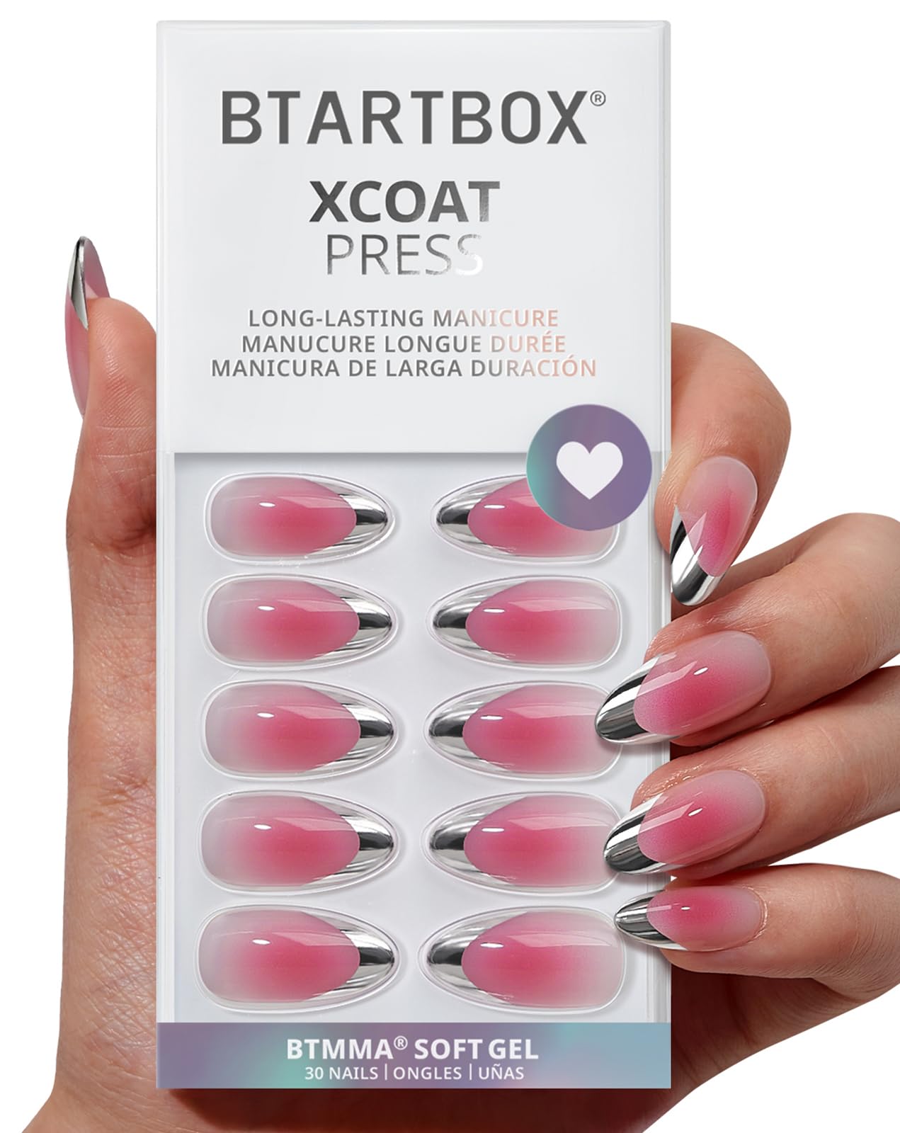 Photo 1 of BTArtbox French Tip Press On Nails - Lamp-Curable Blush Pink Almond Press On Nails with Glue for Women, Silver Outline Soft Gel Glue On Nails in 15 Sizes - 30 Stick On Nails Kit, Lolita Razor