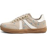 LUCKY STEP Women Classic Retro Tennis Sneakers Fashion Gum Sole Skate Casual Walking Shoe Anti Slip Floral Embroidery Comfortable Trainers