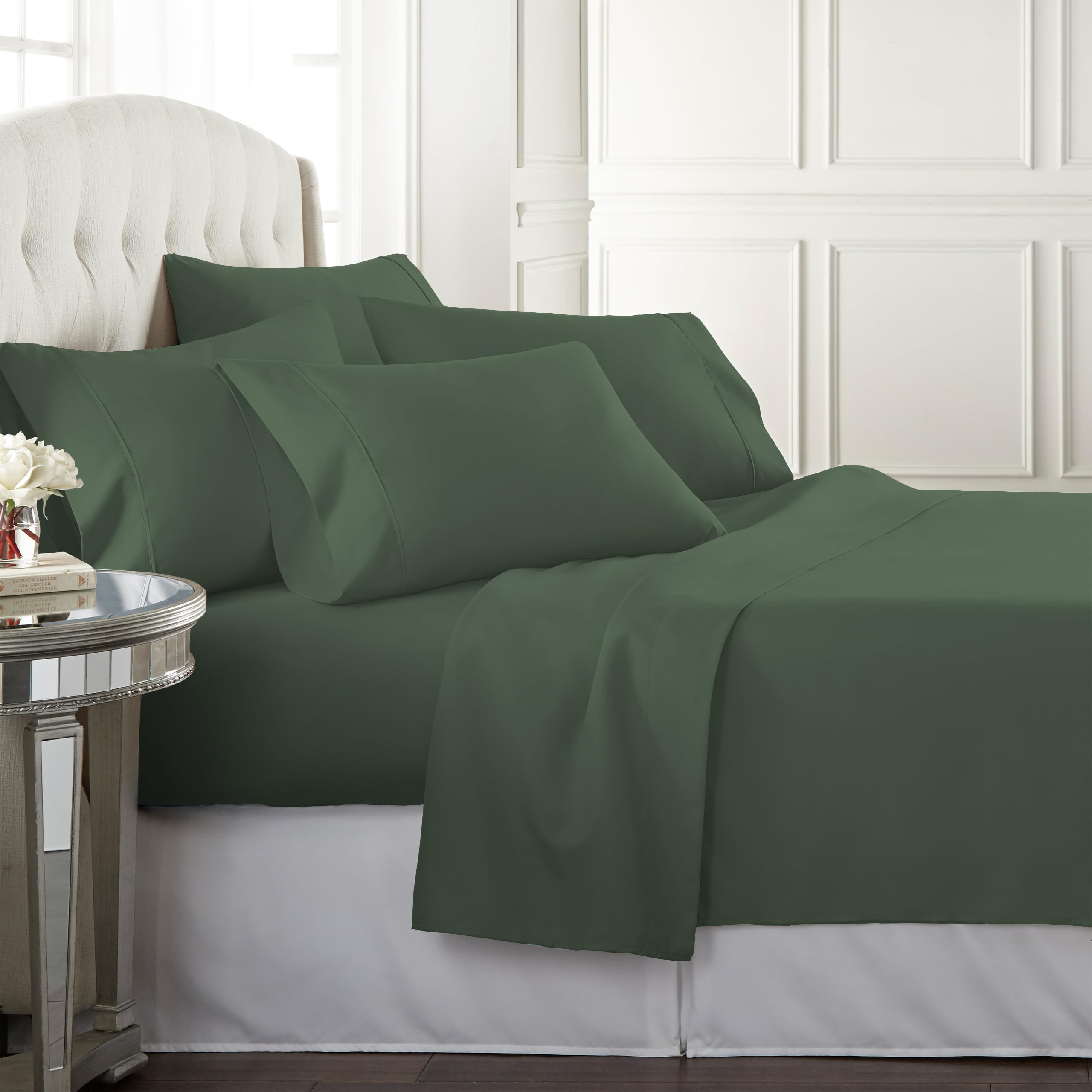 Photo 1 of Danjor Linens Bed Sheet Set Queen Size for Hot Sleepers, Hotel Premium Sheets with 4 Pillowcases, Lightweight Brushed Microfiber Deep Pockets, Breathable Cooling 6 Piece Bedding Sets, Dark Sage