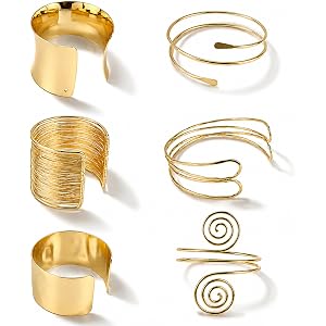 KICOSY 6PCS Gold Bangles Cuffs for Women, Boho Adjustbale Gold Accessories | Chunky Gold Bangles and Arm Cuffs for Prom, Beac