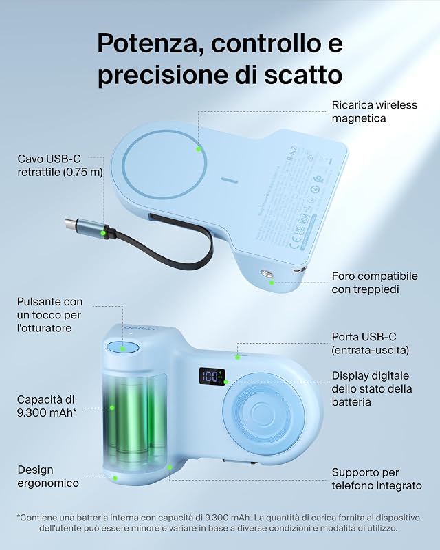 Stage PowerGrip Impugnatura per Smartphone, Power Bank 9300mAh - Blu