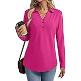 TICTICMISS Women's Collared V Neck Tops Long Sleeve Shirts Button Basic Casual Tunic Blouses