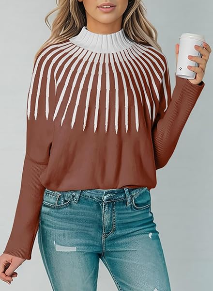 DOKOTOO WOMEN’S 2023 FALL LONG SLEEVE MOCK NECK STRIPED COLOR BLOCK COMFY LOOSE OVERSIZED KNITTED PULLOVER SWEATER ORANGE MEDIUM