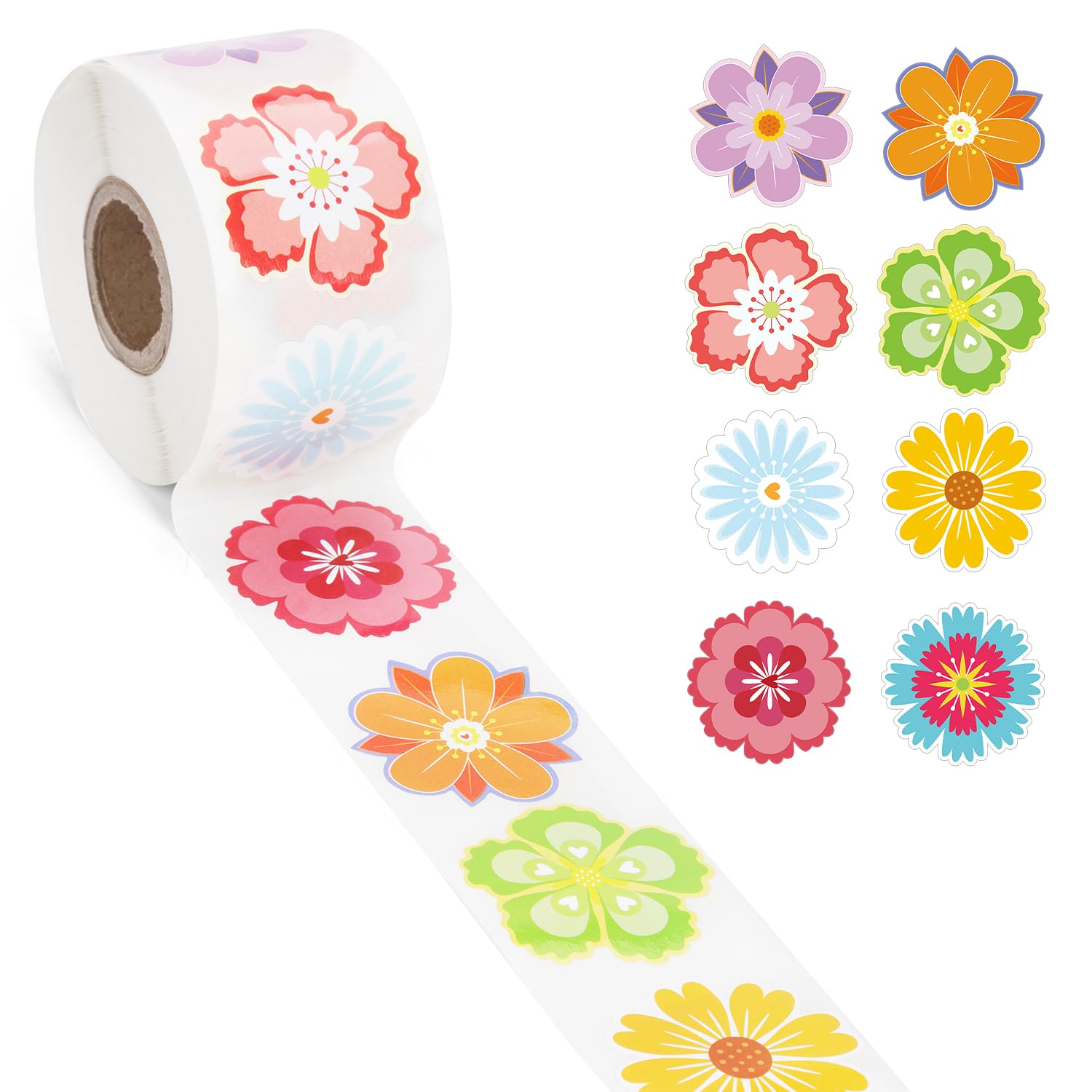 500pcs/Roll Flower Stickers for Kids, 1.5in 8 Patterns Spring Summer Floral Decals Colorful Waterproof Sun-Proof Flower Decals for Scrapbooks Water Bottle Cards Envelopes