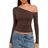REORIA Women's Long Sleeve Shirts Casual Going Out Fitted Off Shoulder Tops | Doubel Lined Stretchy Material Y2K Slim Fit Sexy Tight 2026 Fall Trendy T-Shirts Fashion Basic Tee Shirts