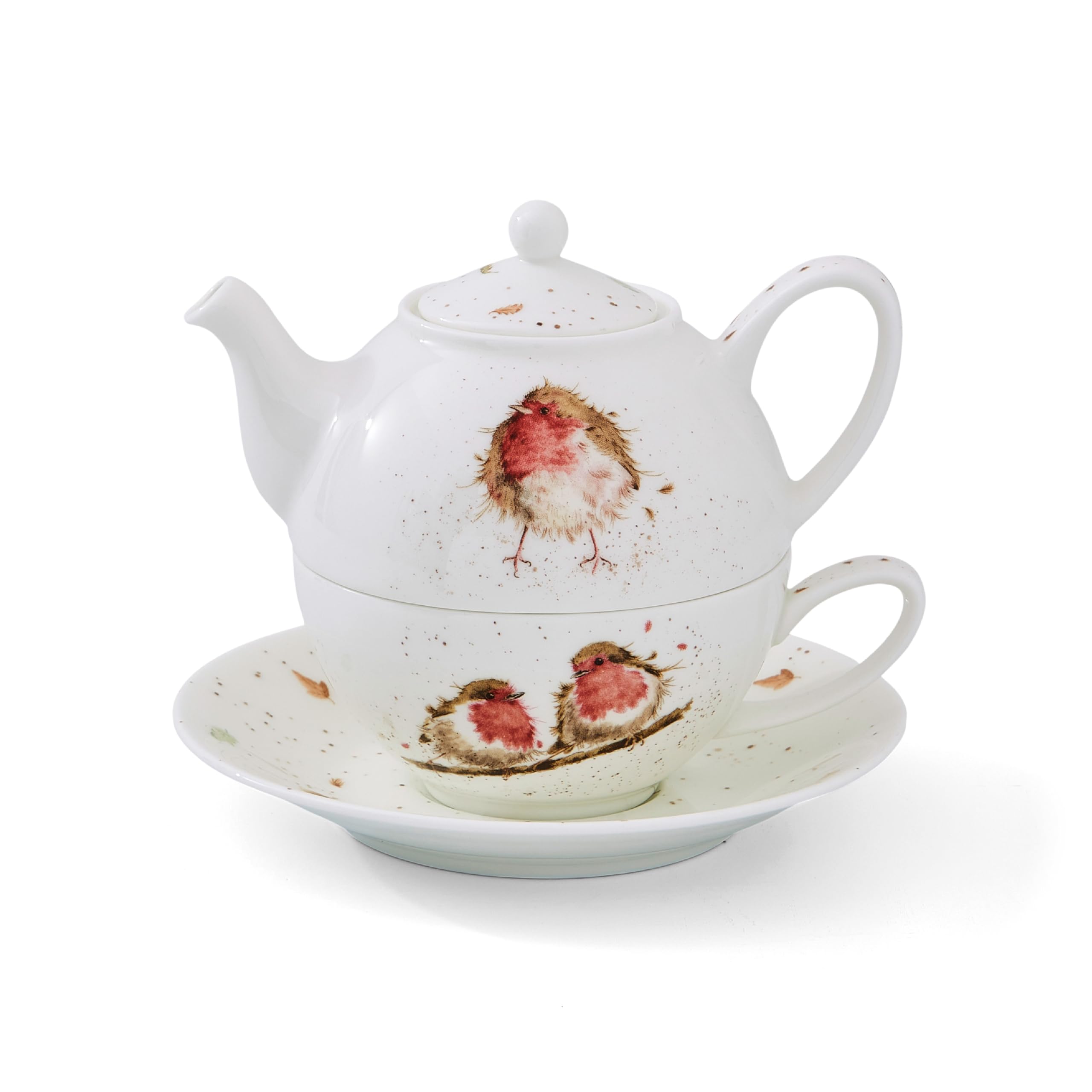 Royal Worcester x Wrendale Designs Tea for One Set - Fine Bone China Teapot with Matching Cup and Saucer, Featuring Charming Robin Illustration by Artist Hannah Dale, 16.5 x 15cm