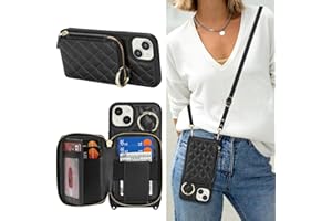 Hamany Crossbody Wallet Case for iPhone 15 Plus, PU Leather Zipper Handbag Purse Flip Cover, Kickstand Folio Case with Card Slots Holder Wrist Strap Lanyard 5G 6.7 Inch-Black