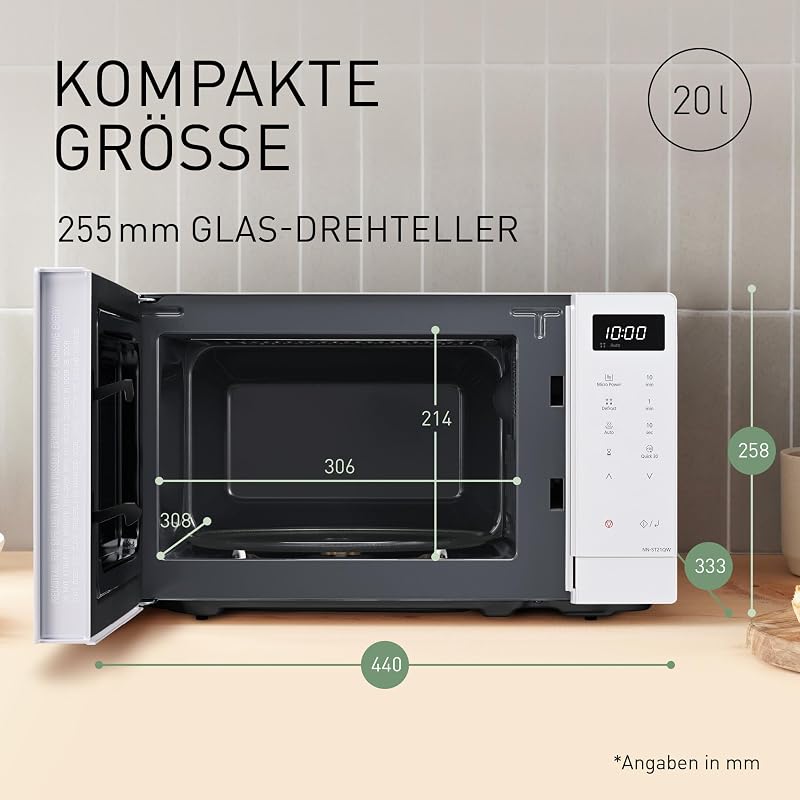 NN-ST21QWEPG 20L Solo-Mikrowelle mit Drehteller, 800 W, automatisches Auftauen, 11 Automatikprogramme, LED-Anzeige, 5 Leistungsstufen, digitaler Timer, Weiß