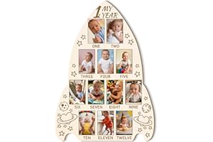 ORIGACH Rocket Shape My First Year Baby Growth Photo Display Board, 12 Months Newborn Milestones Wood Keepsake Board for 1st 