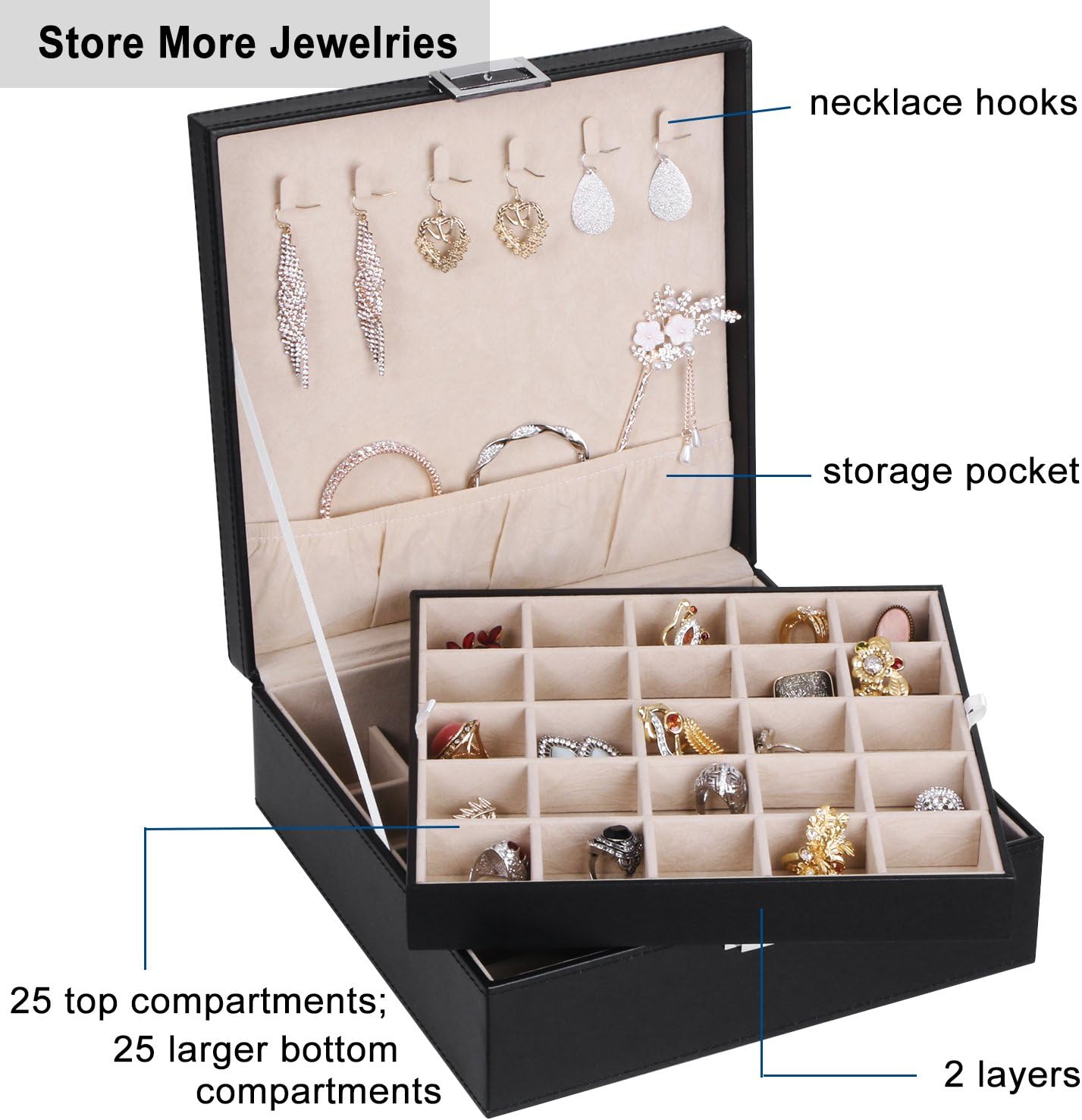 BEWISHOME Earring Organizer Holder for Cufflinks, Rings, Pendants, Chain - 50 Slots Case, 6 Necklace Hook, 2 Stackable Trays - Elegant Jewelry Storage Box for Girls Women, Black Faux Leather SSH11B: Home Improvement
