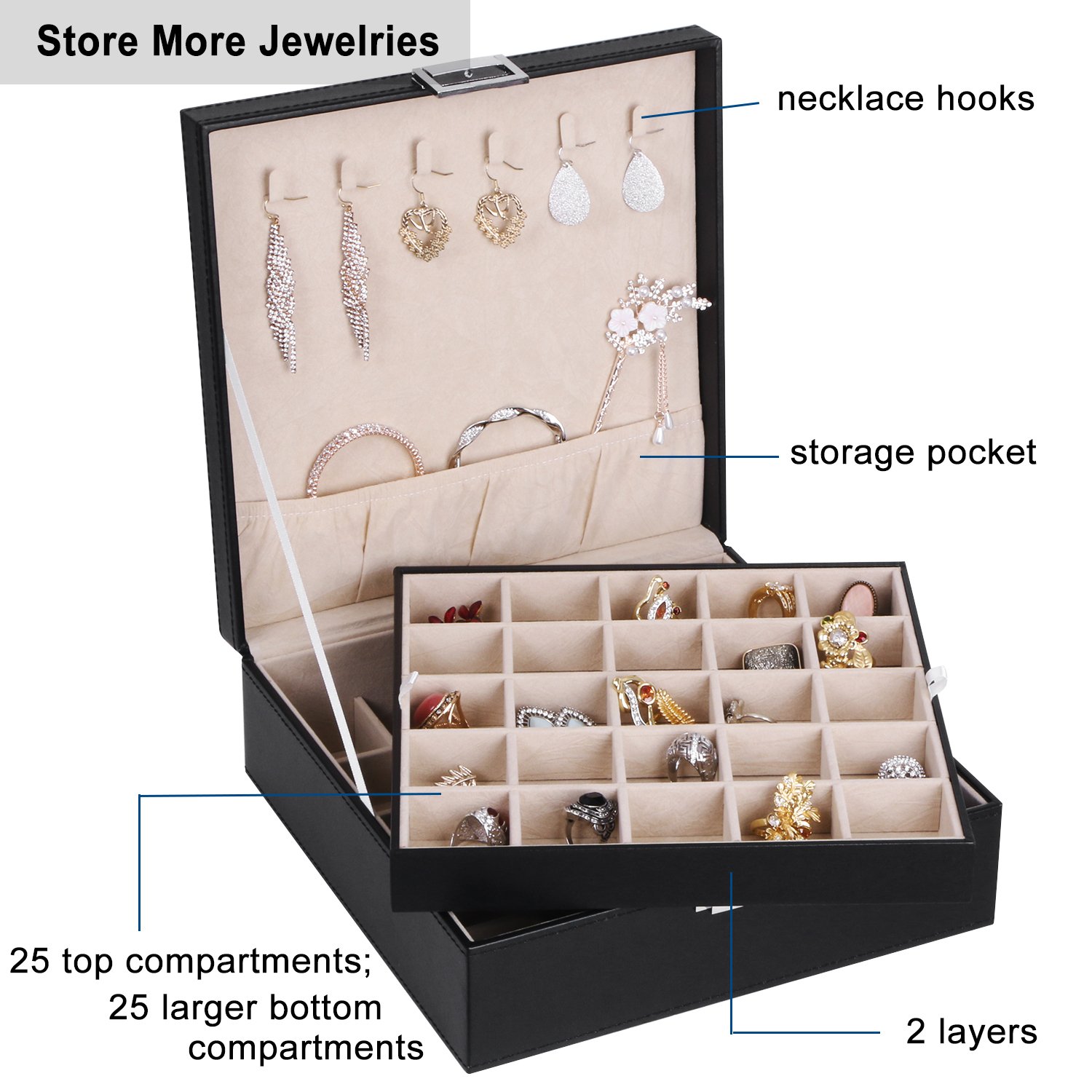 BEWISHOME 50 Slots Jewelry Box Earring Organizer 2 Stackable Trays