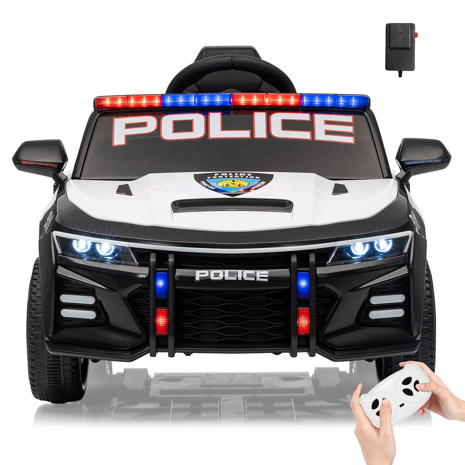 Photo 1 of 12V Police Car Ride On Toy for Kids with Remote Control,Megaphone, LED Lights, Alarm Sounds, Music, Battery Powered Electric Cop Car Gift for Boys Girls Ages 37+ Months