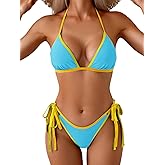 Eomenie Sexy Bikini Sets for Women Halter Triangle Top Two Piece Swimsuit Tie Side Bathing Suit Color Block Swimwear