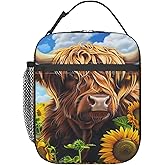 ainori Reusable Highland Cow Lunch Box for Kids Girls Women Adult, Insulated Sunflower Farm Cute Lunch Bag,Polyester Cooler Handbags Case for School Picnic Work Travel Beach or Hiking