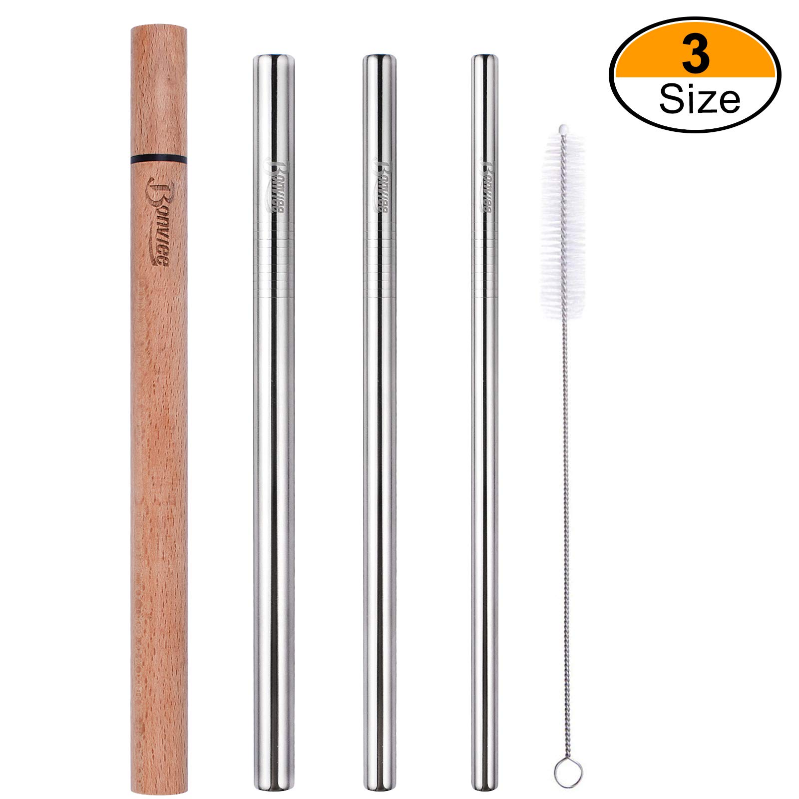 Bonviee Stainless Steel Straws 8.5 Inch Drinking Straws Metal Straws Reusable with Wooden Travel Case and Cleaning Brush Metal Drinking Straws for 20 OZ Tumbler YETI Cups (3 Size)