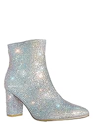 Women Rhinestone Block Chunky Heel Ankle Bootie