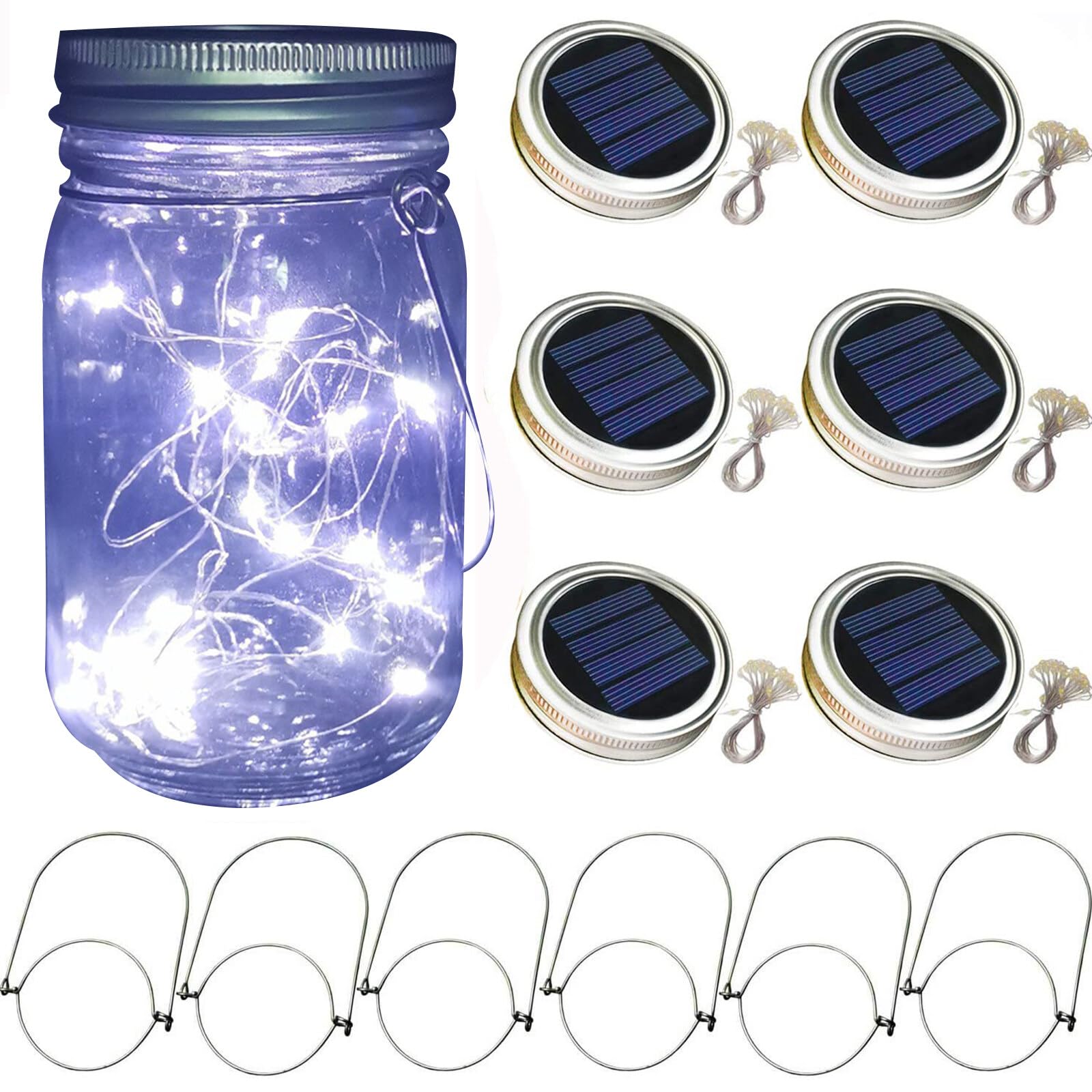6 Pack Mason Jar Solar Lights 30 LED Outdoor Solar Firefly Lights Mason Jar Lantern Lid with Hangers Fairy String Lids Lights for Patio Garden Yard Tree