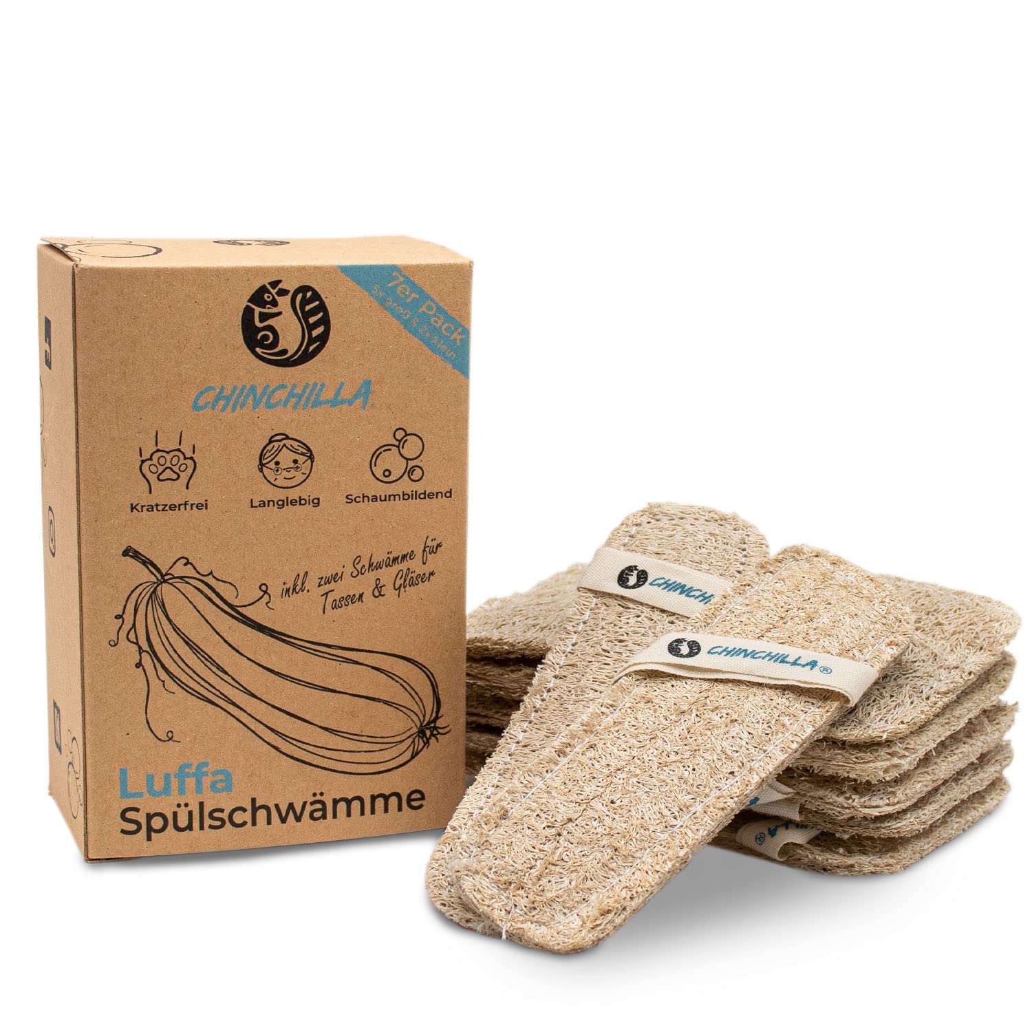 Chinchilla® Luffa Sponge Kitchen Sponges | 7 sustainable sponges in different sizes. reusable, plastic free & vegan