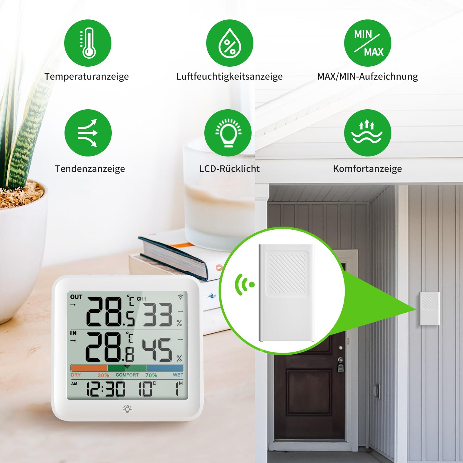 VOCOO Thermometer Innen/Ausen,kabellos Wetterstation Hygrometer mit Außensensor mit uhr,Digitales Raumthermometer mit Hintergrundbeleuchtung Luftindikator LCD MIN/MAX Display, ℃/℉ Schalter 2