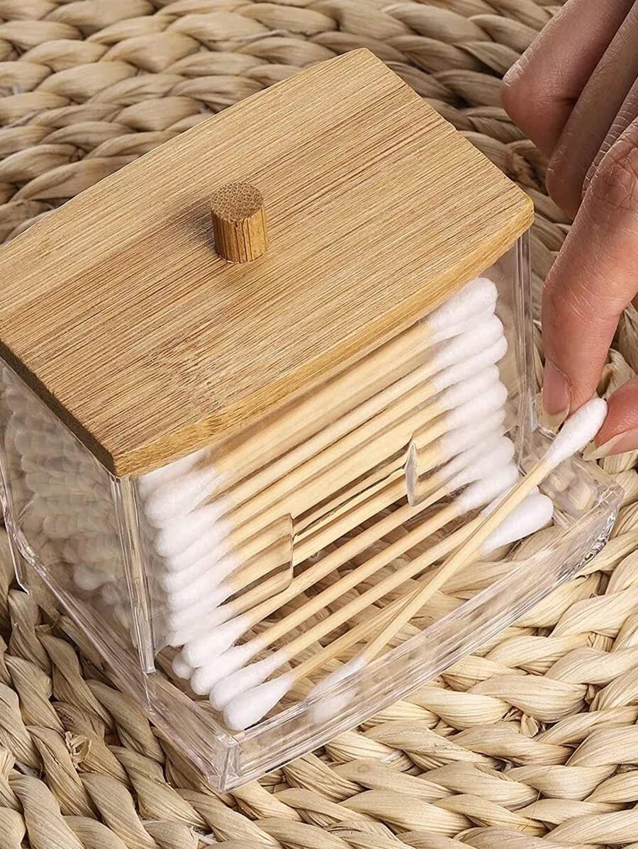RJProducts Acrylic Cotton Bud Holder with Bamboo Lid – Bathroom & Makeup Storage Organiser for Cotton Pads, Q Tips & Skincare | Clear Acrylic Vanity Jar for Bedroom & Bathroom Décor