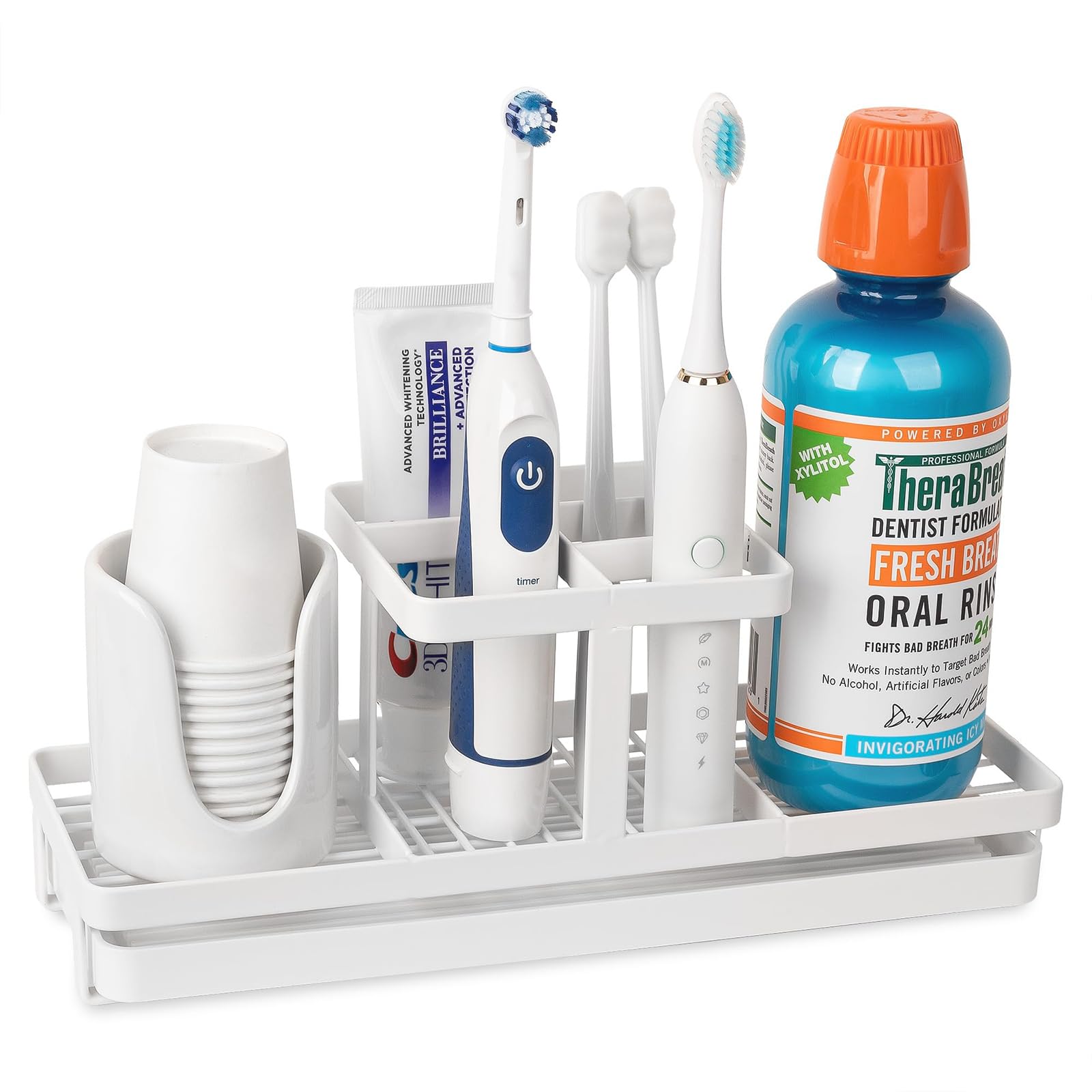 Toothbrush Holders for Bathrooms, Carbon Steel Tooth Brushing Holder Electric Toothbrush and Toothpaste Organizer Bathroom Accessories for Countertop, Shower, Sink, 5 Slots, White