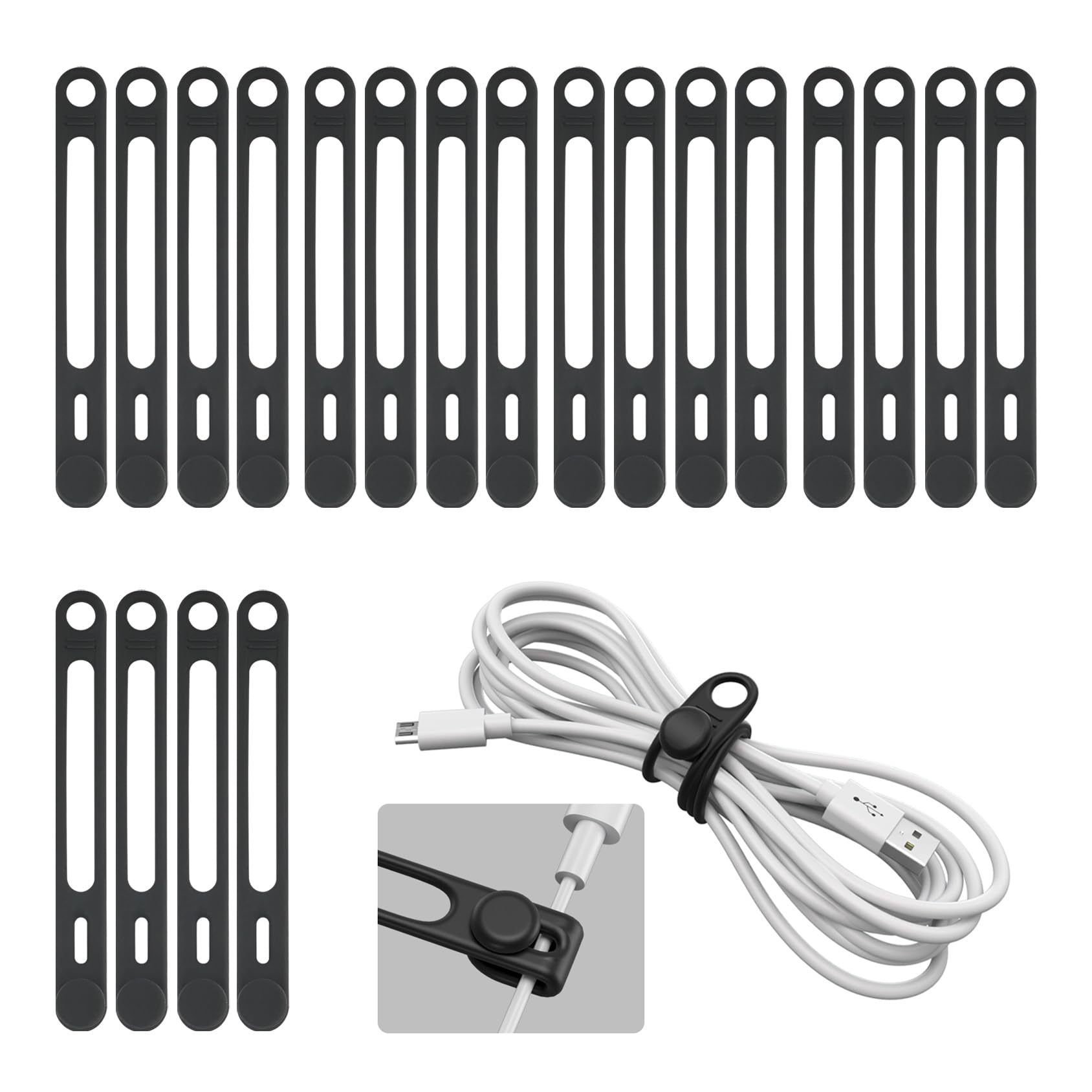 View 1 of 20-Pack Silicone Cable Ties Cord Organizer Reusable, Kanemc Cord Wrap Wire Organizers Cable Strap For Electronics, Even As Curtain Tie Backs Bread Ties Cable Hook For Hanging (Black)