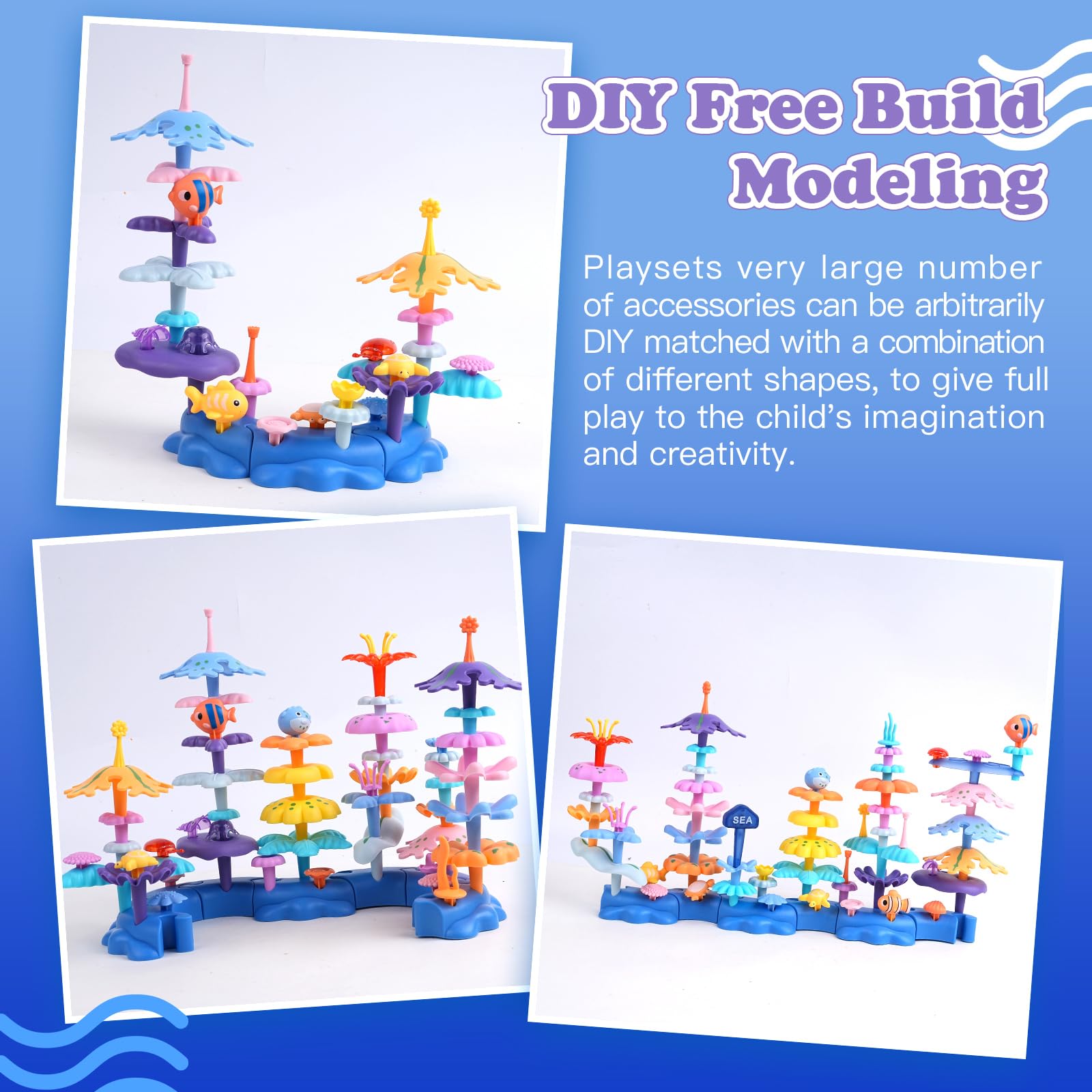 Wulumu 96PCS Ocean Adventures DIY Building Stacking Toys Set,Educational STEM Toy Gift for Kids with Organiser Box,Fun Cognitive Learning Toys for Girls/Boys,Toddler Beach Toy