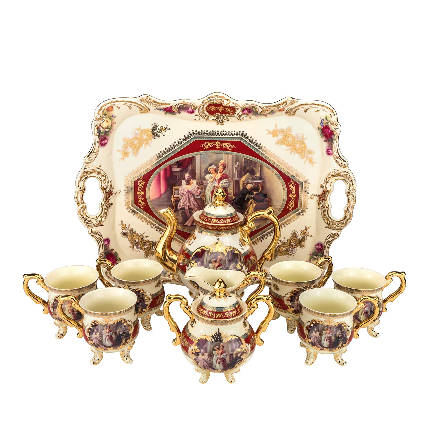 Euro Porcelain 12 Pc Vintage Tea Coffee Cup Set W Serving Tray 24 Kt Gold Plated Red Antique Madonna Pictorial Hand Painted Service For 6 Luxury Bone China Tableware Buy Online In Papua New Guinea