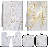 Sratte 6 Pcs Farmhouse Marble Kitchen Towels Pot Holders Oven Mitts Set 2 Dish Towels 2 Potholders 2 Cooking Mittens Oven Glove for Cooking Baking Grilling Supply (White, Gold)