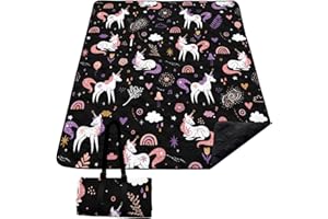 Nttopship Unicorn Printing Picnic Blankets Waterproof Foldable 59x76 Inches Outdoor Blanket fit 2-4 Adults for Camping,Sand，Park,Travel,Grass，Playground