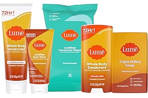 Lume Skin Care Gift Set for Women, Whole Body Deodorant Starter Pack -Smooth Solid Stick, Invisible Cream Tube, Acidified Body Wash Mini & Deodorant Wipes -Aluminum Free Odor Control (Toasted Coconut)