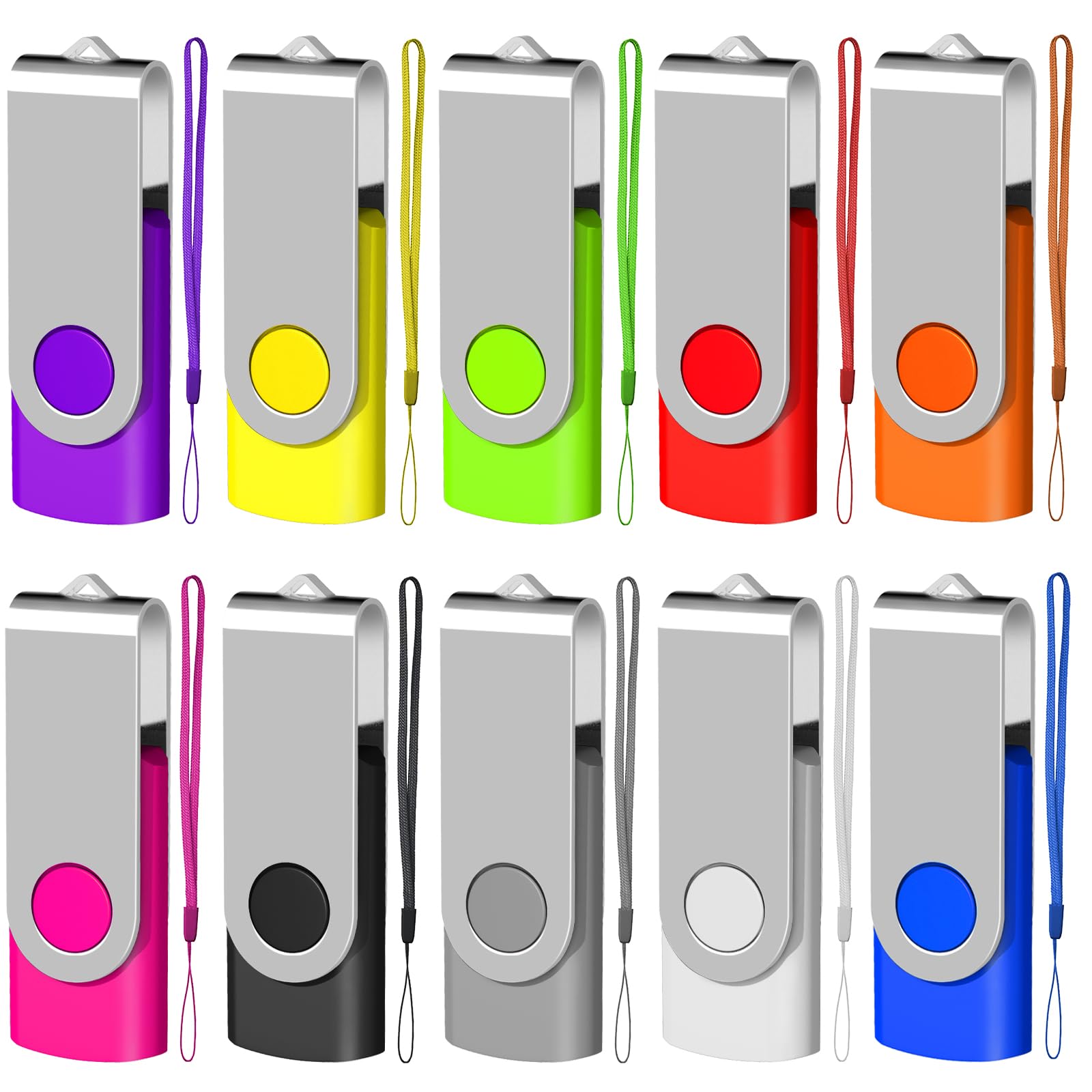 EASTBULL Memory Stick 4GB USB 10Pack, USB 2.0 Thumb Flash Drives Swivel Design Pen Memory Stick Fold Storage (10 Mixed Color With Lanyard)