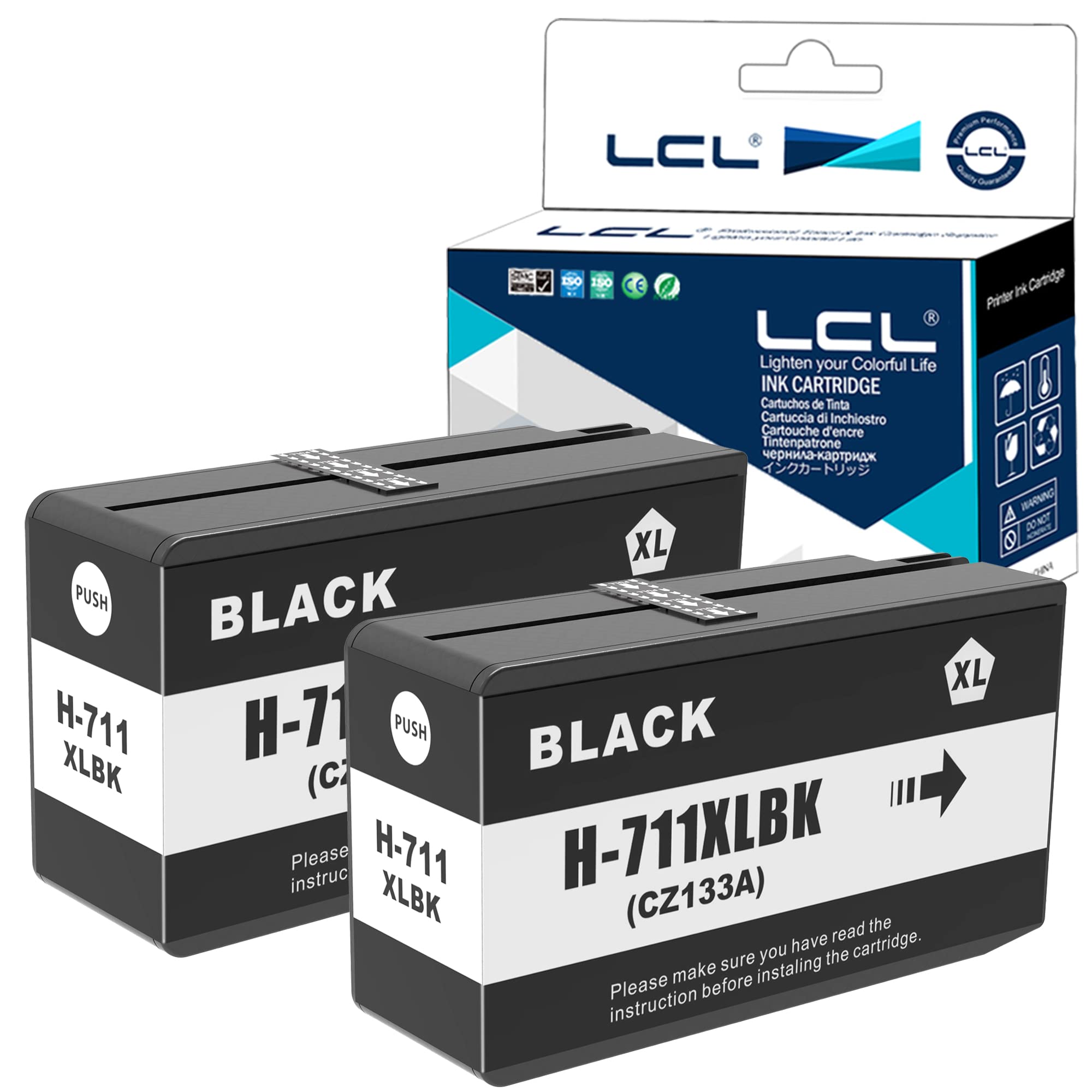 LCL 711XL 80ML High Yield Ink Cartridge Replacement for HP 711 XL 711XL CZ129A CZ133A for HP Designjet T120 24 T120 610 T520 24 T520 36 T520 610 T520 914 T125 24 T530 T130 T525 (2 Black)