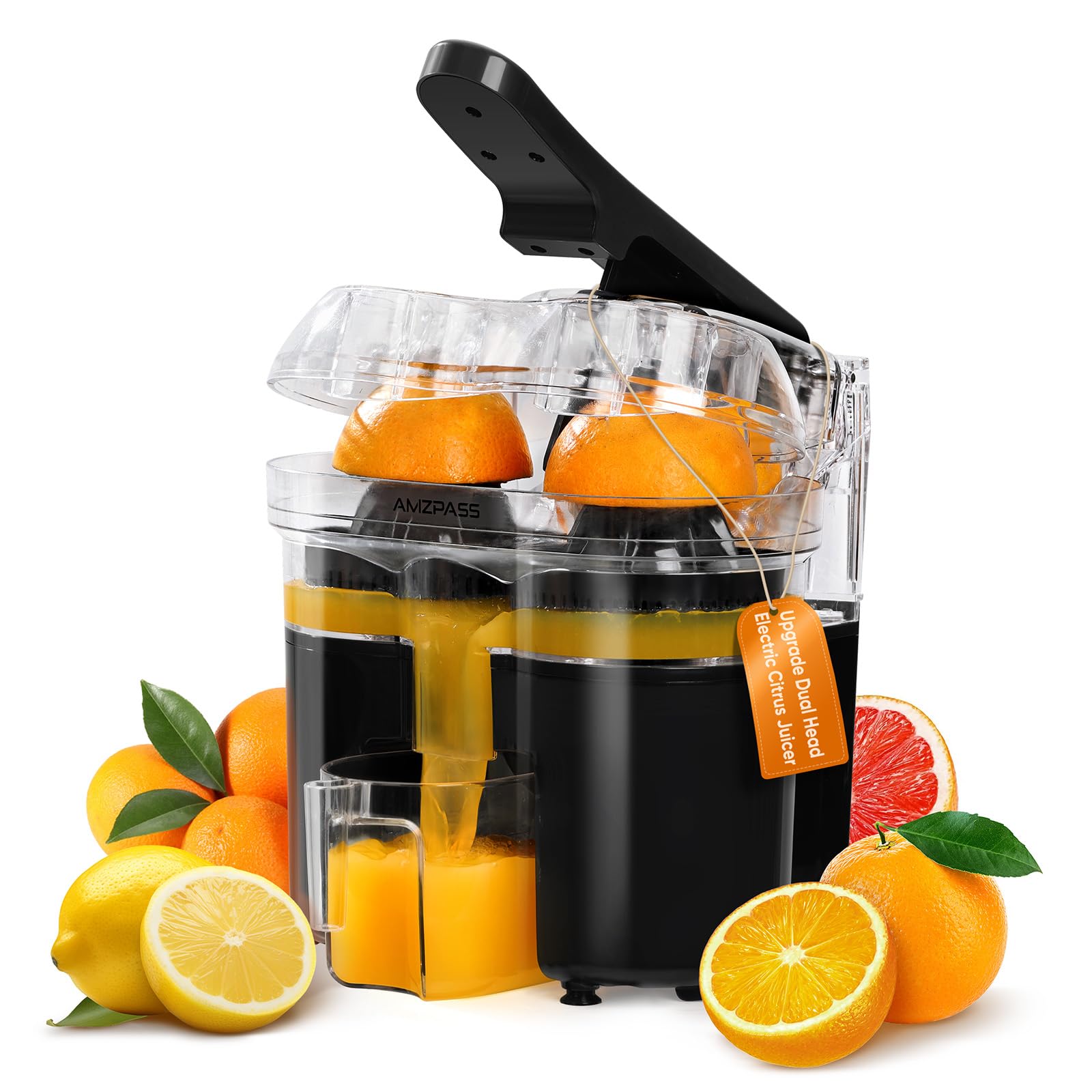 Photo 1 of **MAJOR DAMAGED/check clerk comments**
Amzpass Electric Orange Juicer, Dual-Head Citrus Juicer Squeezer, Built-in Cutter, Electric Juicer Machine for Orange, Lemon and Grapefruit with Cup & Cleaning Brush, Easy to Clean and Use, Black