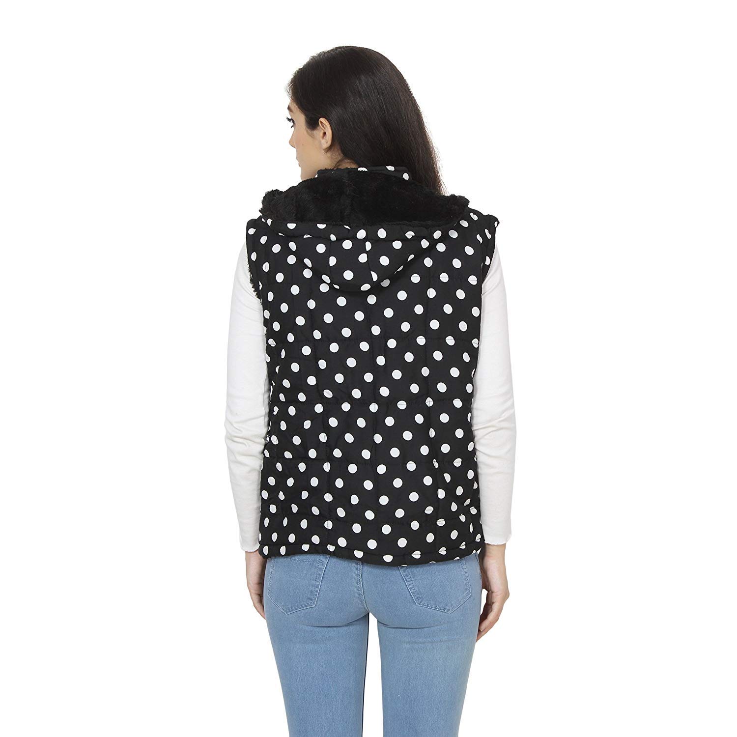 my swag women's polka dot crepe sleeveless quilted hooded jacket